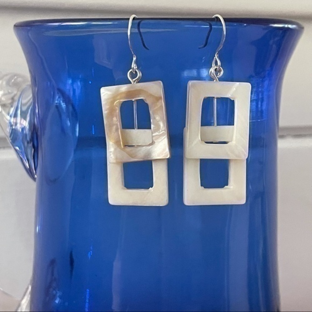 $10 SALE Handmade Layered Geometric Ivory Shell Earrings 1.75” Coastal Gift